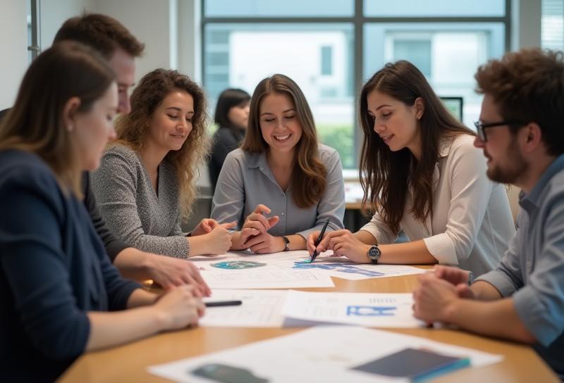 The Criativa Soluções Design team collaborating on a project focused on social impact in a bright, modern office space.